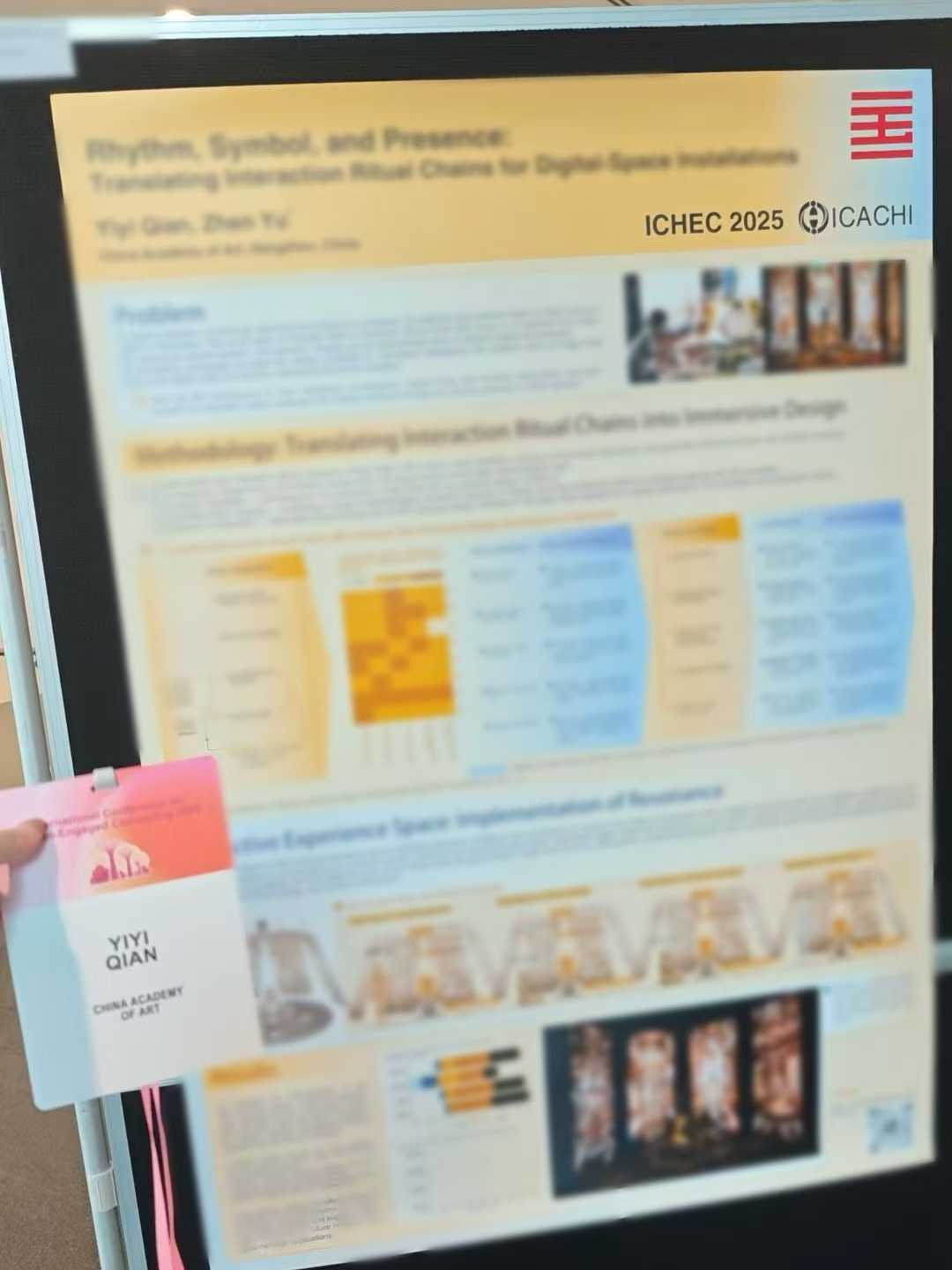 Yiyi Qian’s ICHEC 2025 research poster and conference badge in Singapore