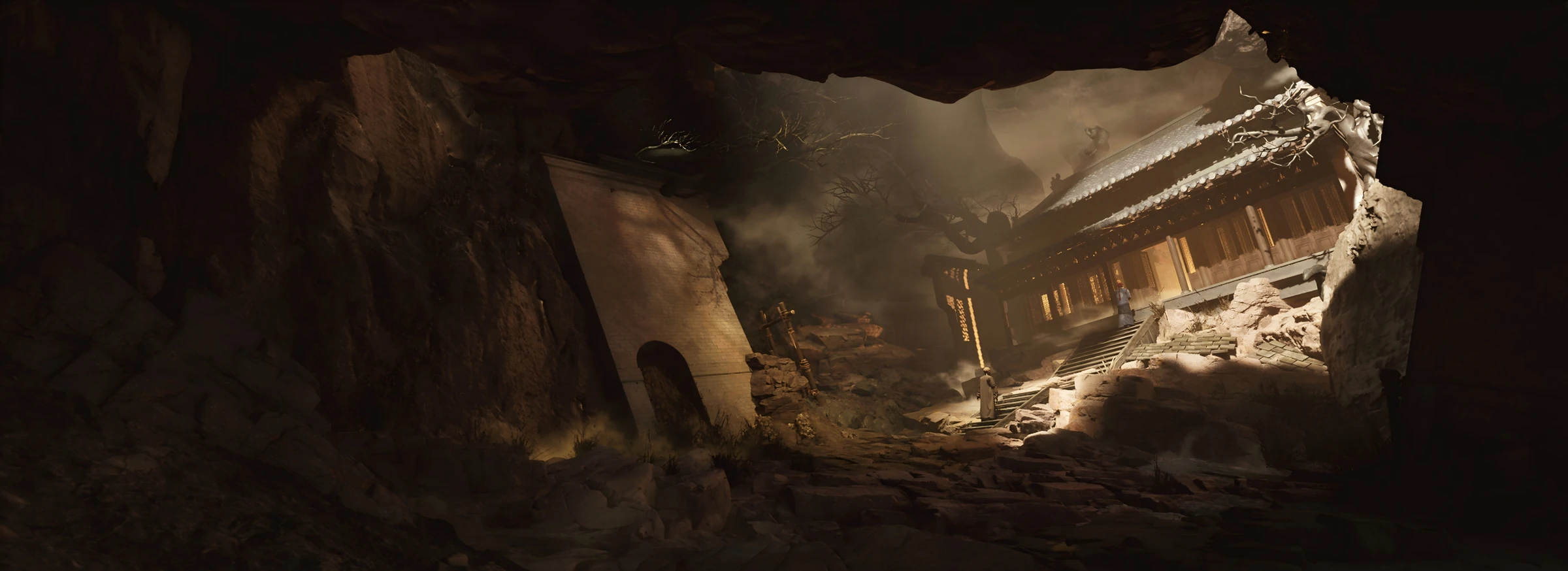 Cinematic still from Deepcore: When Cave Breath, showing cave-temple ruins in a mountainous landscape