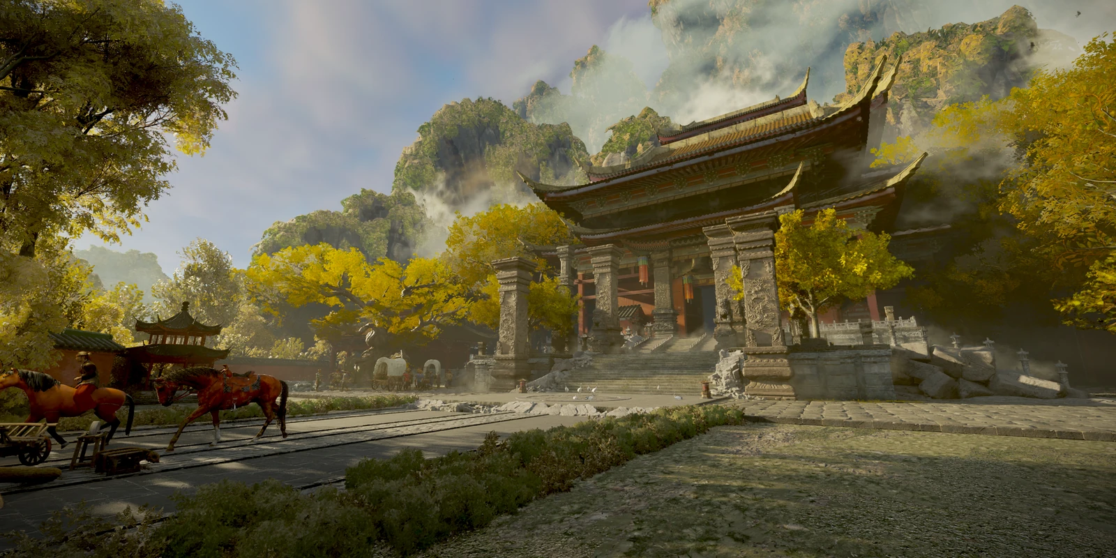 A mountain temple courtyard with horses and carts in the Longmen chapter