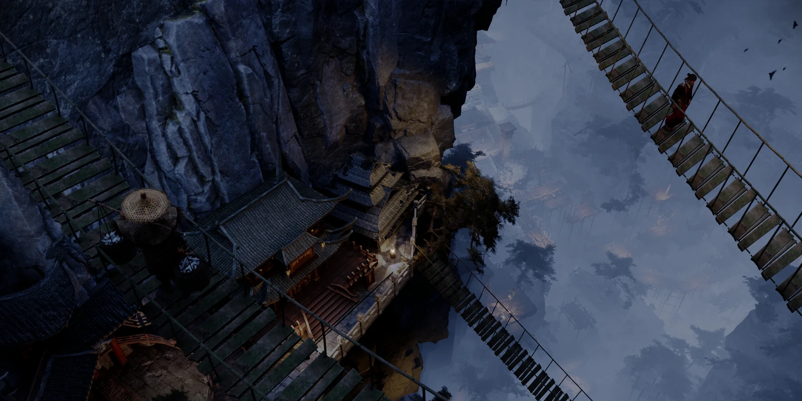 Scaffolding and walkways rising between steep cliffs in the Longmen chapter