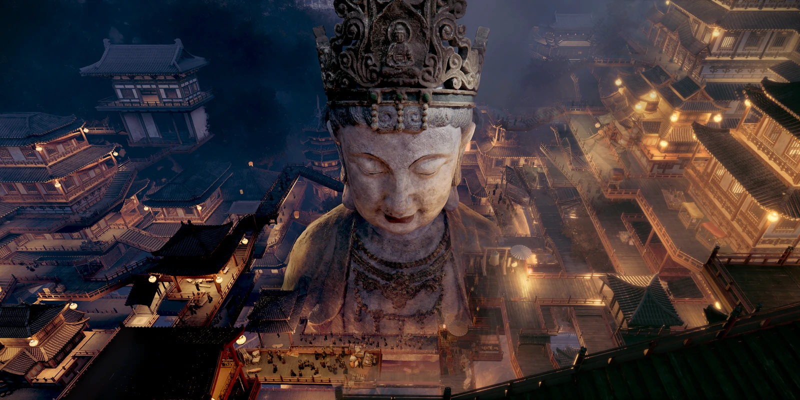 A monumental Buddha overlooking an illuminated city at night in the Longmen chapter