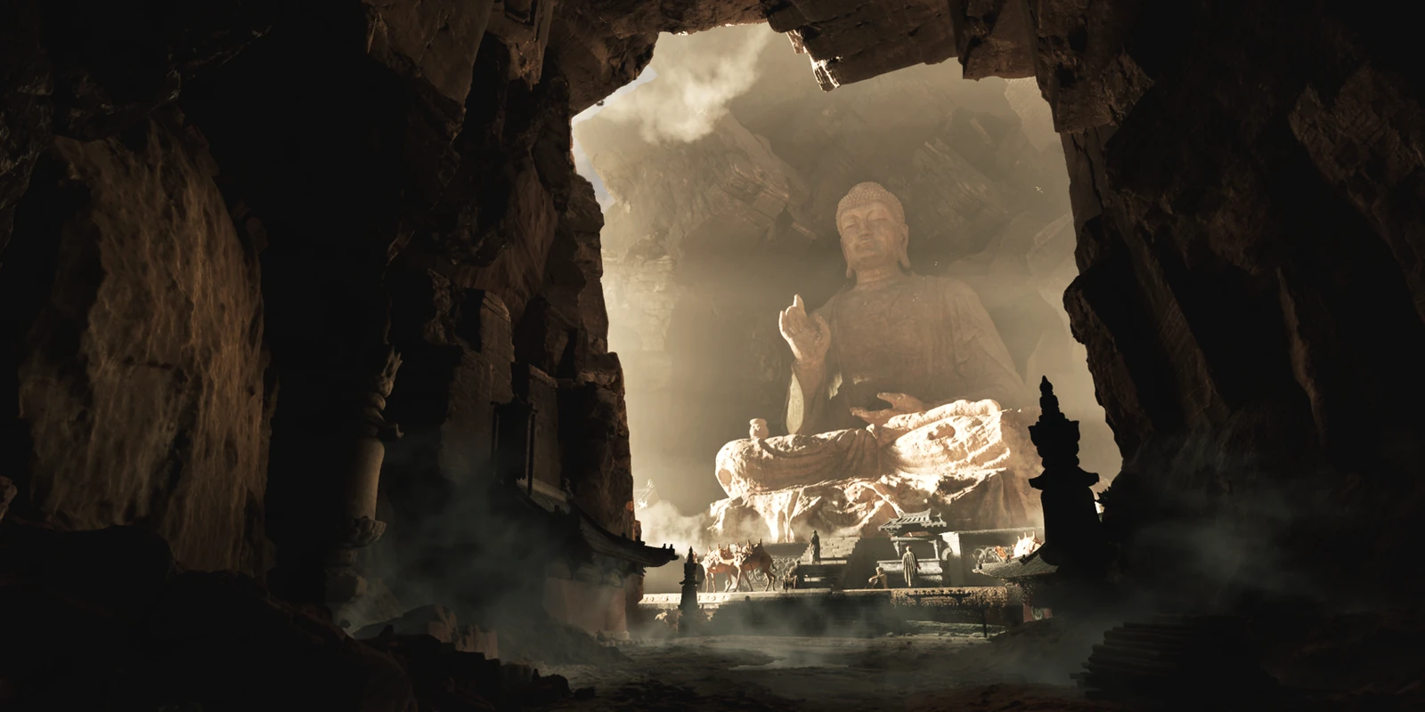 A monumental Buddha viewed through a dark cave opening in the Mogao Grottoes chapter