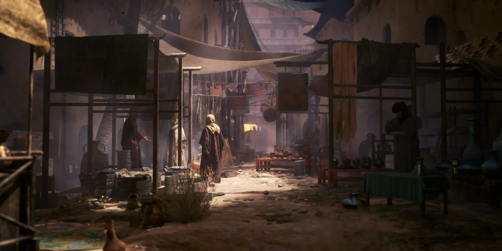 A dim historical market street with pottery stalls in the Mogao Grottoes chapter