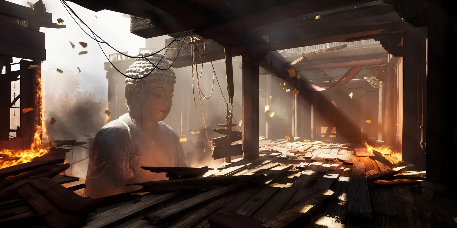 A carved Buddha surrounded by wildfire in the Qixia Mountain chapter