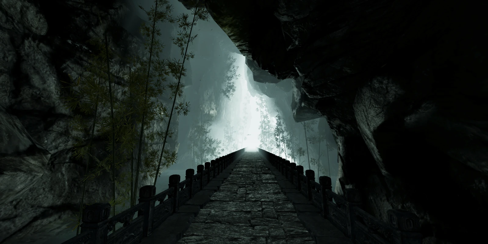 A stone stairway ascending through a dark grotto in the Qixia Mountain chapter