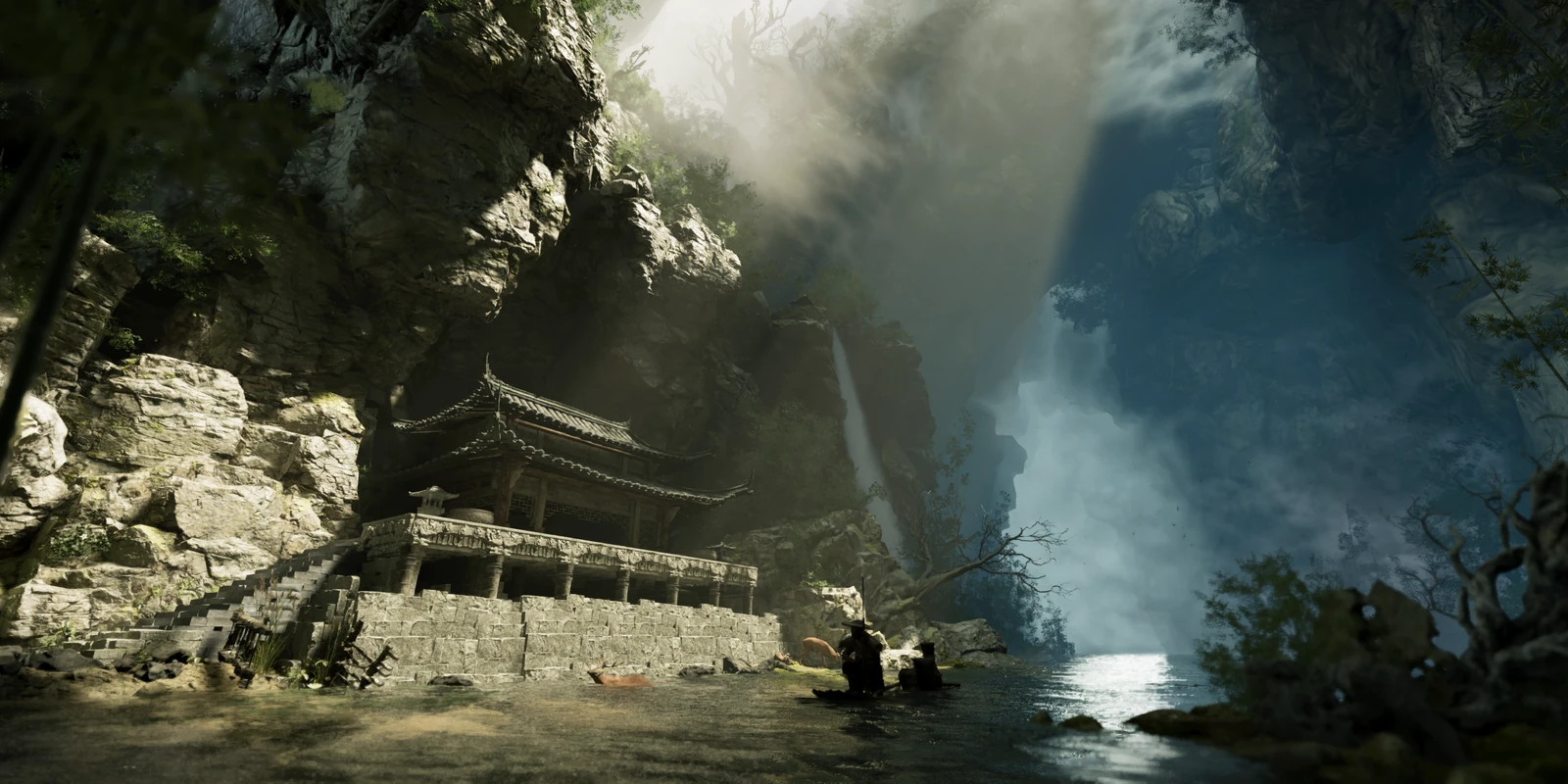 A cave-temple structure beside water and rock formations in the Qixia Mountain chapter