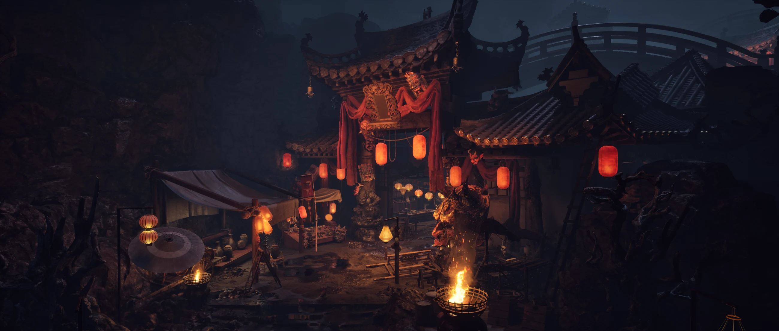 Nighttime historical city scene illuminated by red lanterns and firelight in The Enigma of the Divine Capital